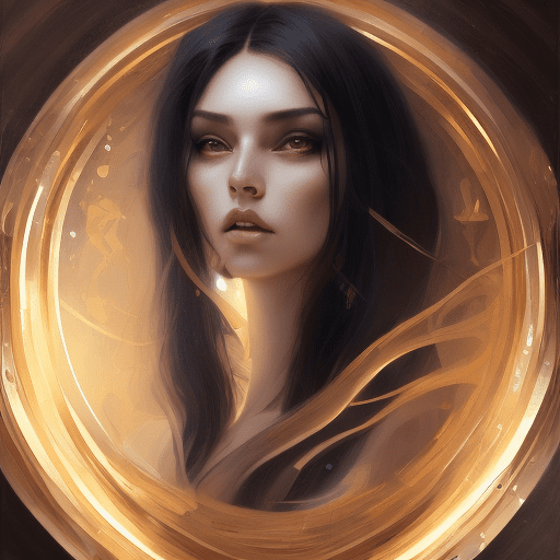 A woman with long black hair in a gold painting, in the style of charlie bowater, dark blue and dark black, avant grade fasion, michael garmash, comic art, realistic color palette, dark black and beige, soft-focused realism --ar 24:37 --stylize 750 --