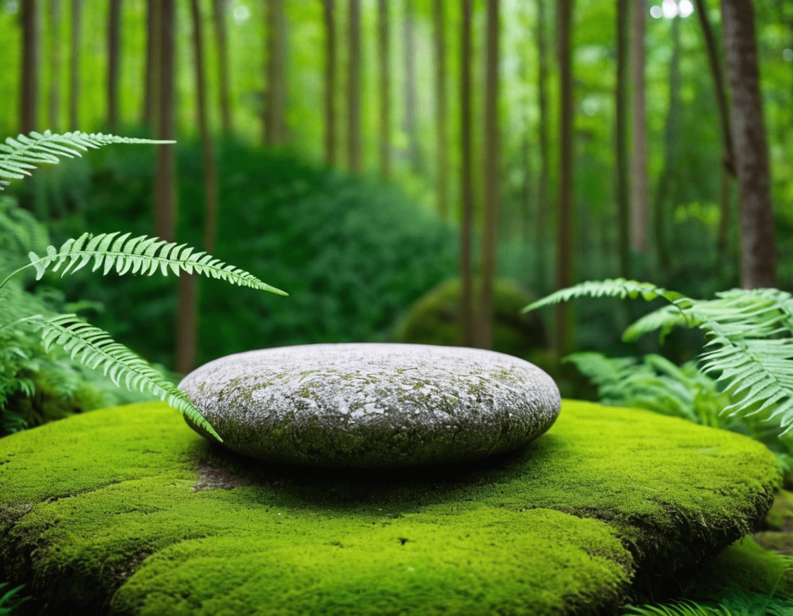 A rock podium in the nature background, trending on cg society, stage, beautiful day, top of a moss covered rock, environmental art, lush plants and bonsai trees, iphone background, fern, out-of-focus background