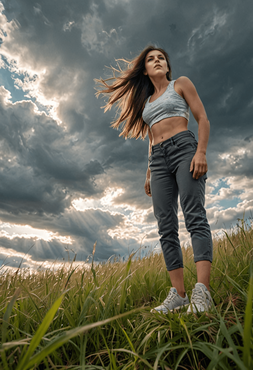Photograph of a woman standing in an overgrown grass field, (from below, low angle:1. 2) , long brunette hair blowing in the wind, looking away, light makeup, wearing a sleeveless crop top showing off her fit midriff, long pants, sneakers, dynamic pose, cloudy sky, midday, (hyperdetailed:1. 2) , hdr