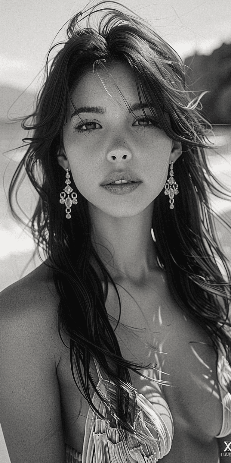 Black and white portrait of an extremely beautiful woman with long hair, earrings in the shape of diamonds, photorealistic, best quality, big brown eyes, full lips, beach background, shot on a hasselblad x2d, hyperrealistic, cinematic lighting --no freckles --ar 1:2 --stylize 750