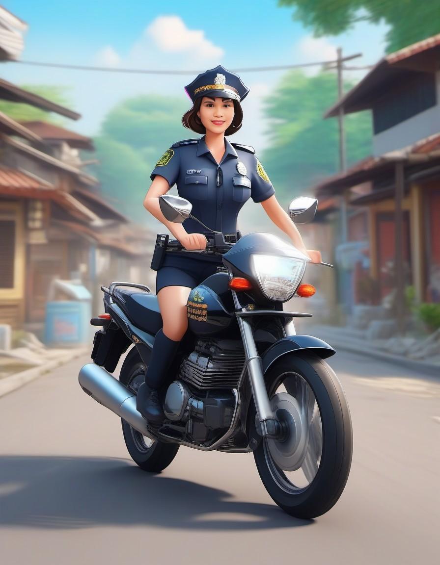 Real 3d illustration, anime, pixar style, funniest, (indonesian police woman:2. 4) (best illustration, best painting, best animation) riding motocycle on the street, police station is background