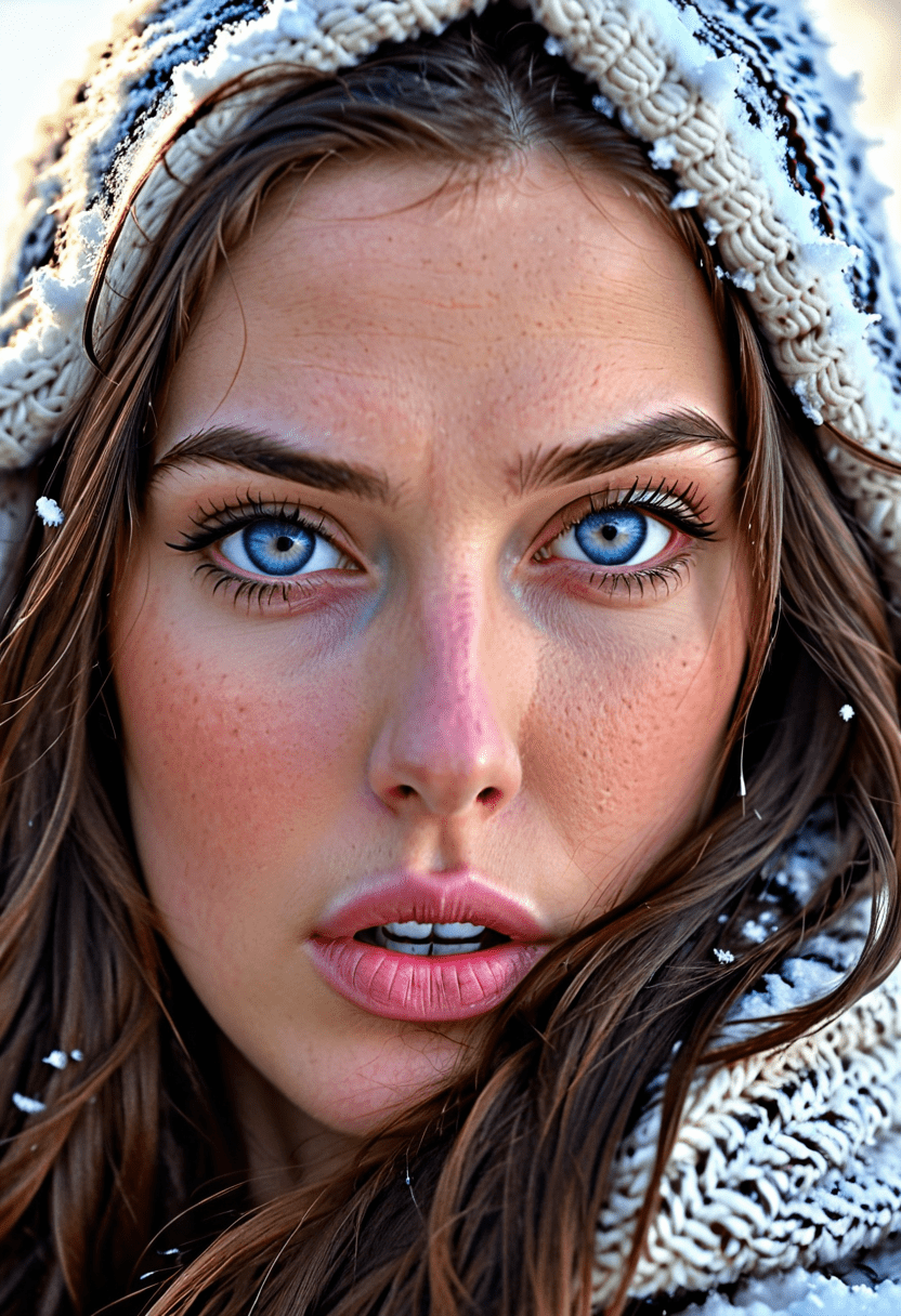 Close-up photograph of a beautiful woman with a heavy knit hood pulled up over her head, long brunette hair, (light-blue eyes:0. 7) staring deeply at the viewer, perfect eyes, light makeup on her face with a glossy lipstick, highly detailed skin, snow blowing all around, cold, uhd, hyperrealistic, hdr