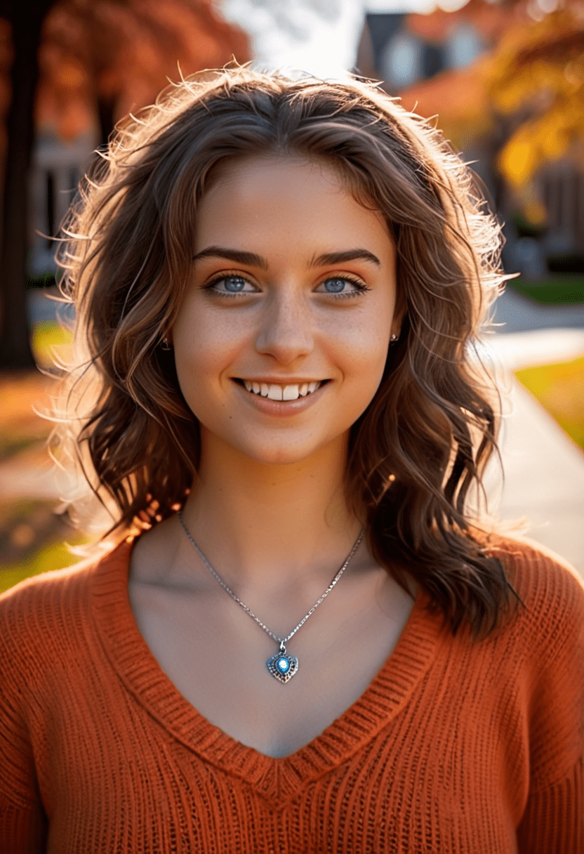 Photograph of a naturally beautiful young college woman, shoulder length wavy light-brunette hair, light-blue eyes, necklace with a highly detailed silver pendant, low cut (dark-orange sweater:1. 1) , gorgeous smile, perfect eyes, college campus, bright sunny day, extremely intricate details, masterpiece, epic, silhouette style, casting shadow style, f/2. 8, bokeh