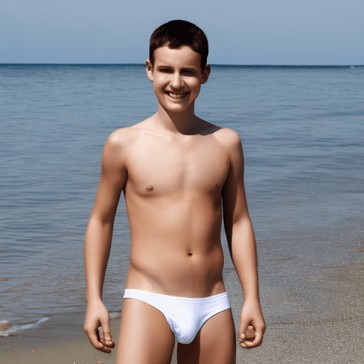Boy on the beach wearing white briefs