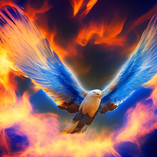 Photograph of a soaring eagle formed by blue and white powder explosions in a dark room, creating an intense and vibrant visual effect