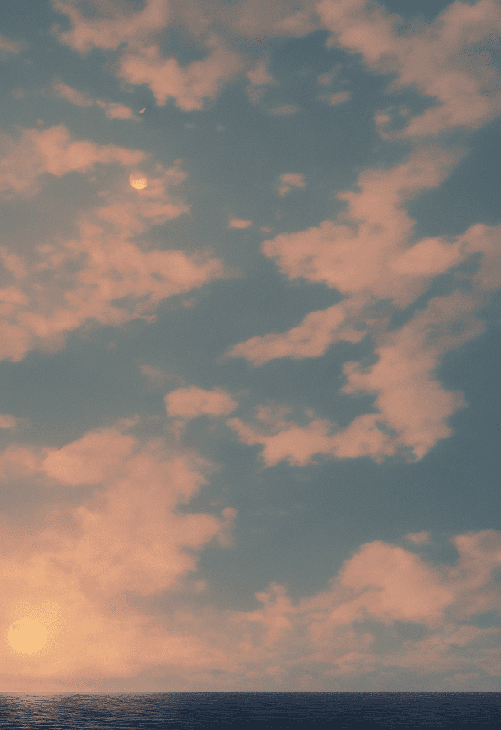 A picture beautiful and tiny single island from the front, the sea is endless around it, and three small gulls are flying in the sunset sky. There are two moons, making it perfectly symmetrical from side to side. The composition, color, and cinematic expression are wes anderson style