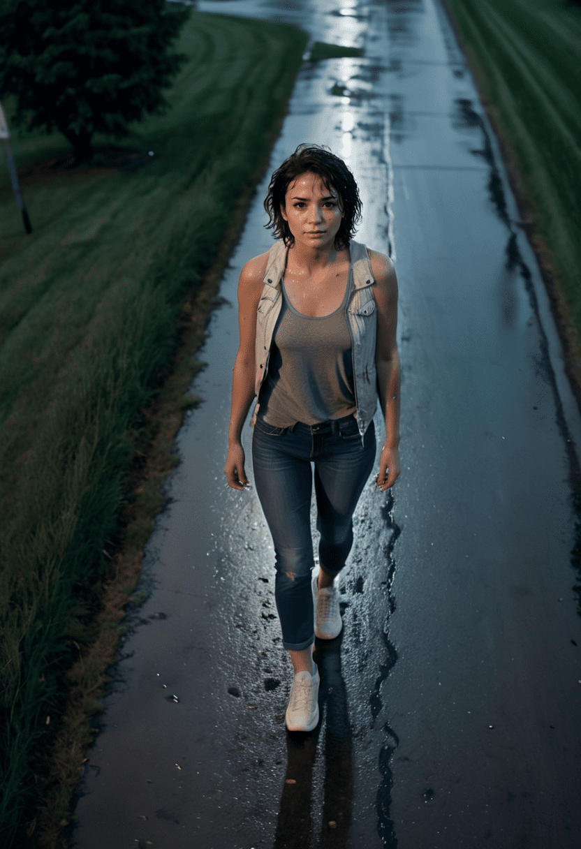 Photography of a 30 year old woman with short wavy brunette hair, wearing a light-jacket, tank-top, jeans, sneakers, smooth texture, walking on a wet street in a rural area, grass along street, late night, low-light, (dark:1. 1) , moody, neutral colors, standing upright, cool color palette, (birds eye view, high angle:1. 3) , 50mm, movie still