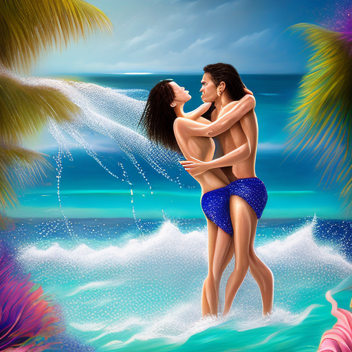 Two lovers intertwined in a passionate embrace being created out water ((they are coming out of the cristal clear ocean) , splashes of water and drop water flying around the lovers, background turquoise caribbean waters in the background very tranquil, dark matter, a masterpiece, unveil the love, ultra wide lens, adrian smith, romantic, iridescent --v 5. 2 --style raw
