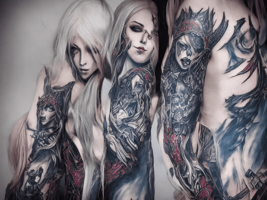 Sylvanas kniend vor einer wand mit tattoos und kaputzenpulli