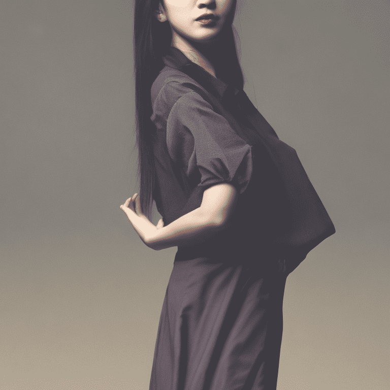Aesthetic, asian girl, dark blouse, expressive pose, dark background