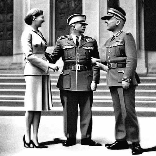 Generate an image of memebers of euro parlament greeting in each other (two men and one woman). Ona man should be dressed as soldier of nazi germany. Rest should have normal dress like politicians have.