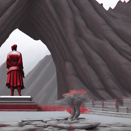 A large statue with a woman looking at it, in the style of unreal engine 5, northern china's terrain, movie still, red and gray, high speed sync, traditional essence, piles/stacks --ar 35:64 --stylize 750 --v 6