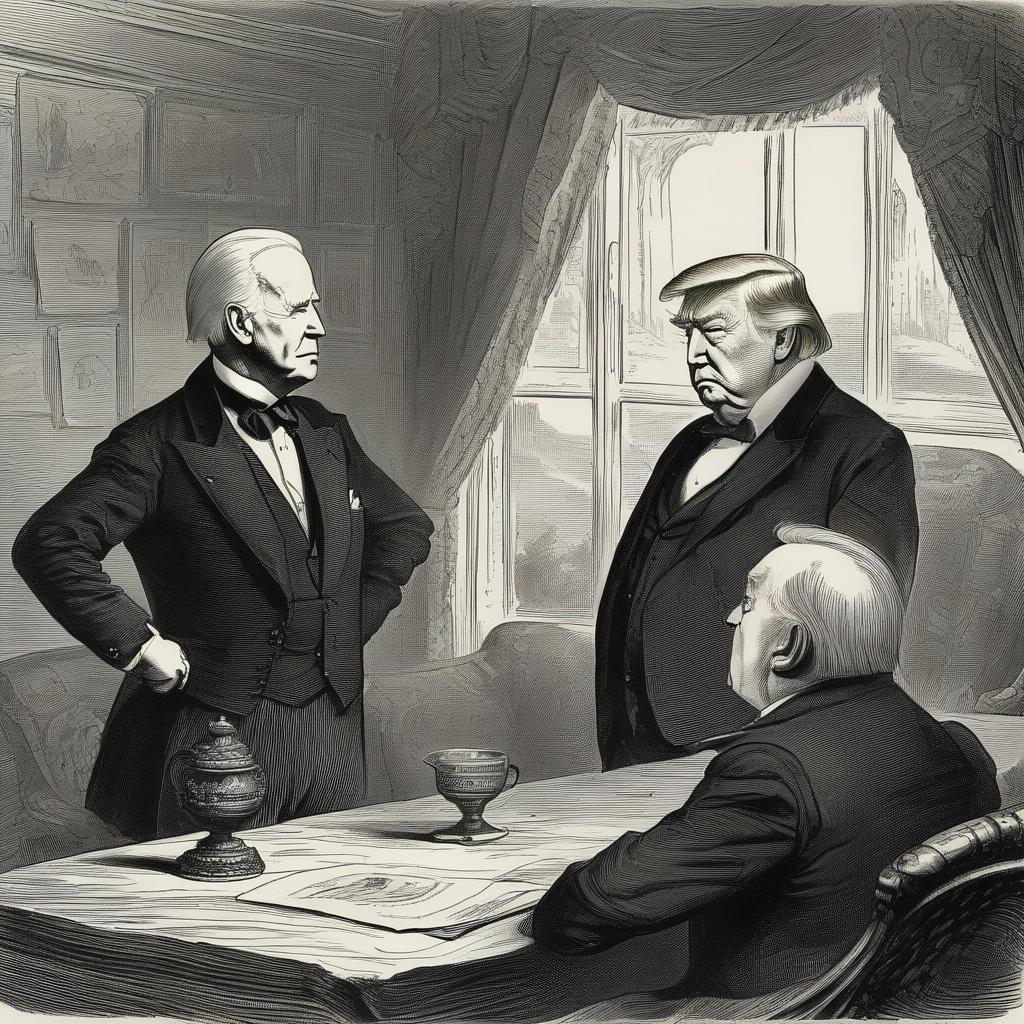 Presidential debate, (joe biden, 1. 3) and (donald trump, 1. 3) on a stage, a cartoon in the style of john tenniel, punch magazine, 1890