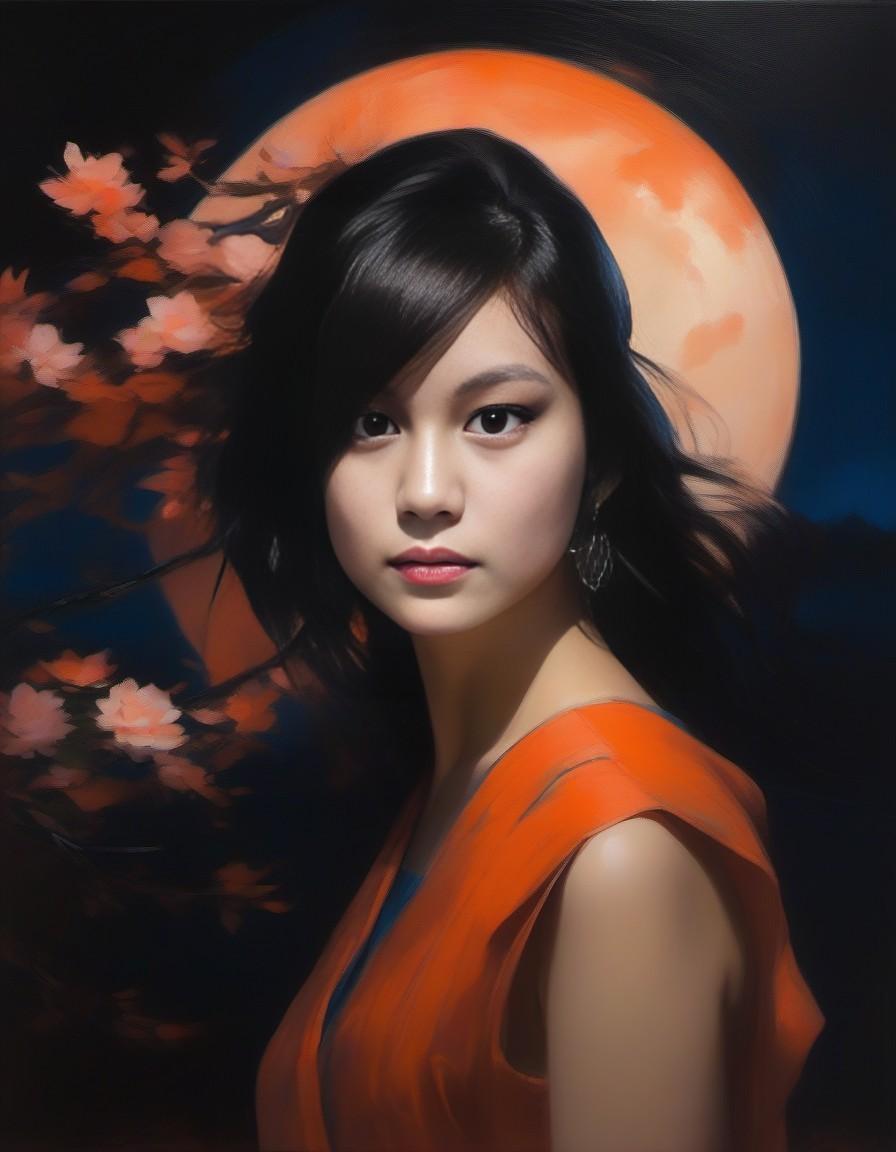 The moonlight in bloom, painting, in the style of bay area figurative art, orange, realist figure painting, landscapes in motion, whistlerian, phoenician art, crimson and blue --ar 37:43 --stylize 750 --v 6