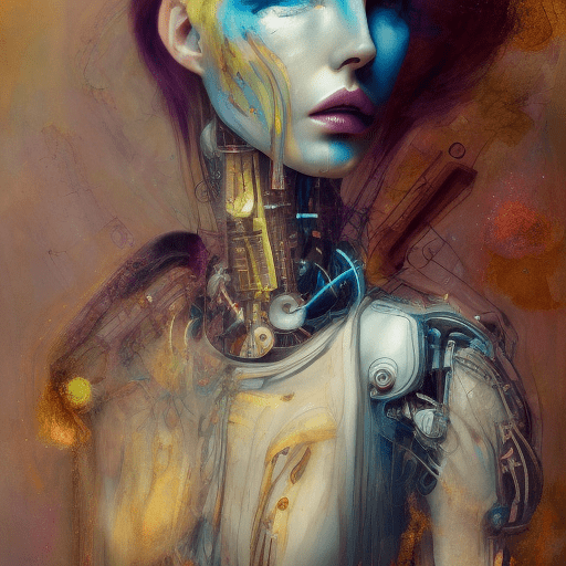 Mixed media artwork + emotional cyborg girl + elegant dress + skin lesions as a storytelling element + in the style of surrealist expressionism, muted color scheme, dreamlike atmosphere, abstract and distorted forms --ar 2:3 --s 999 --v 6