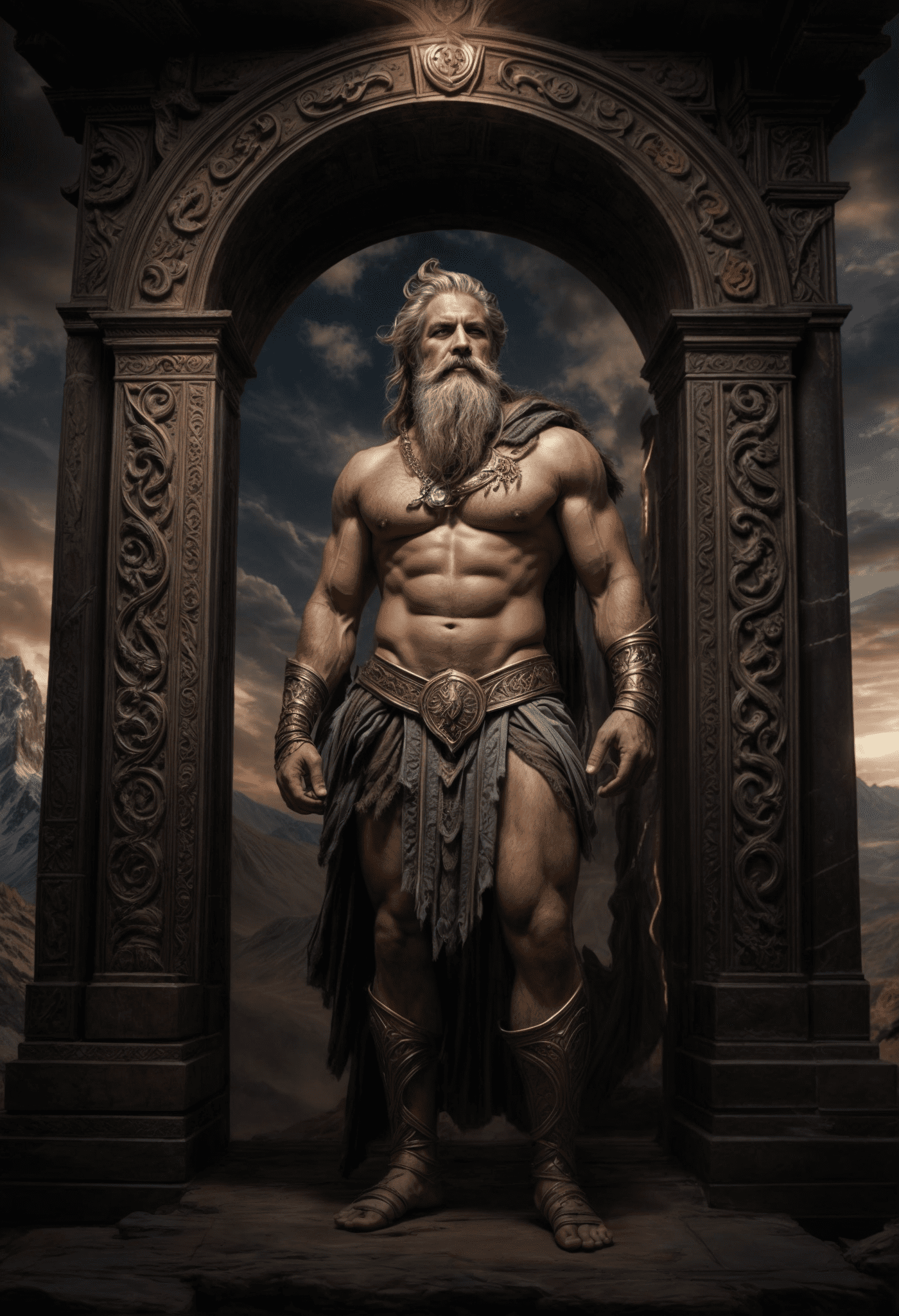 Portrait of zeus , at the portal to his realm, epic, mystique, full body, at the olymp, clouds, mountains, ultrarealistic, dynamic lights, intricate details, different bodypositions