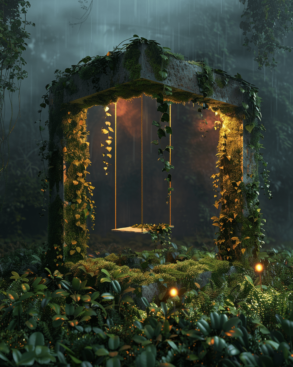 An open square box with plants and moss on the sides, inside there is an illuminated swing hanging from above, illuminated plants, grassy ground, volumetric light, dark background, rendered in the style of octane, hyper realistic. --ar 35:44 --v 6. 0