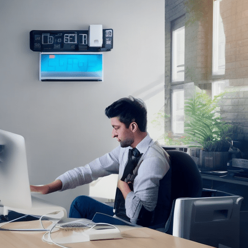 Electric battery charging in a work office. Man working at his desk.