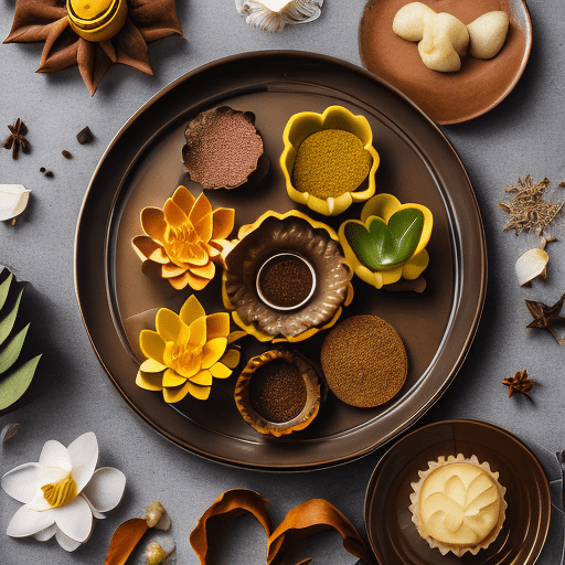 Product photography, taken from above with a tray of moon cake ingredients including lotus leaves, lotus flowers, star anise, cinnamon sticks, ginger, onions, and lotus seeds