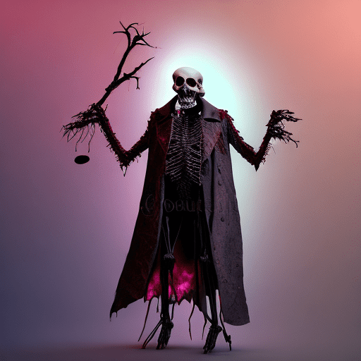 A tall fully-figured tango dancing rotting red skeleton looking like edgar allan poe dressed in a long leather coat has a hole in his elegant, mystical, esoteric translucent skull, intricate cinematic lighting, complex, octane, real looking, vibrant colors of subtle hues of pink and light blue, background black, ground is textured like the surface of mars and full of huge dead birds, the moon throws shadows on the ground in front of it. Bats fly across the sky.