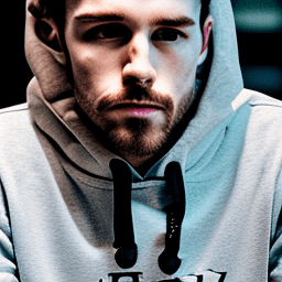 Photograph, white man model, streetwear style, wearing a black hoodie, wearing a cap made of iron, contrasting dark grey pants, stands against a stark, back light