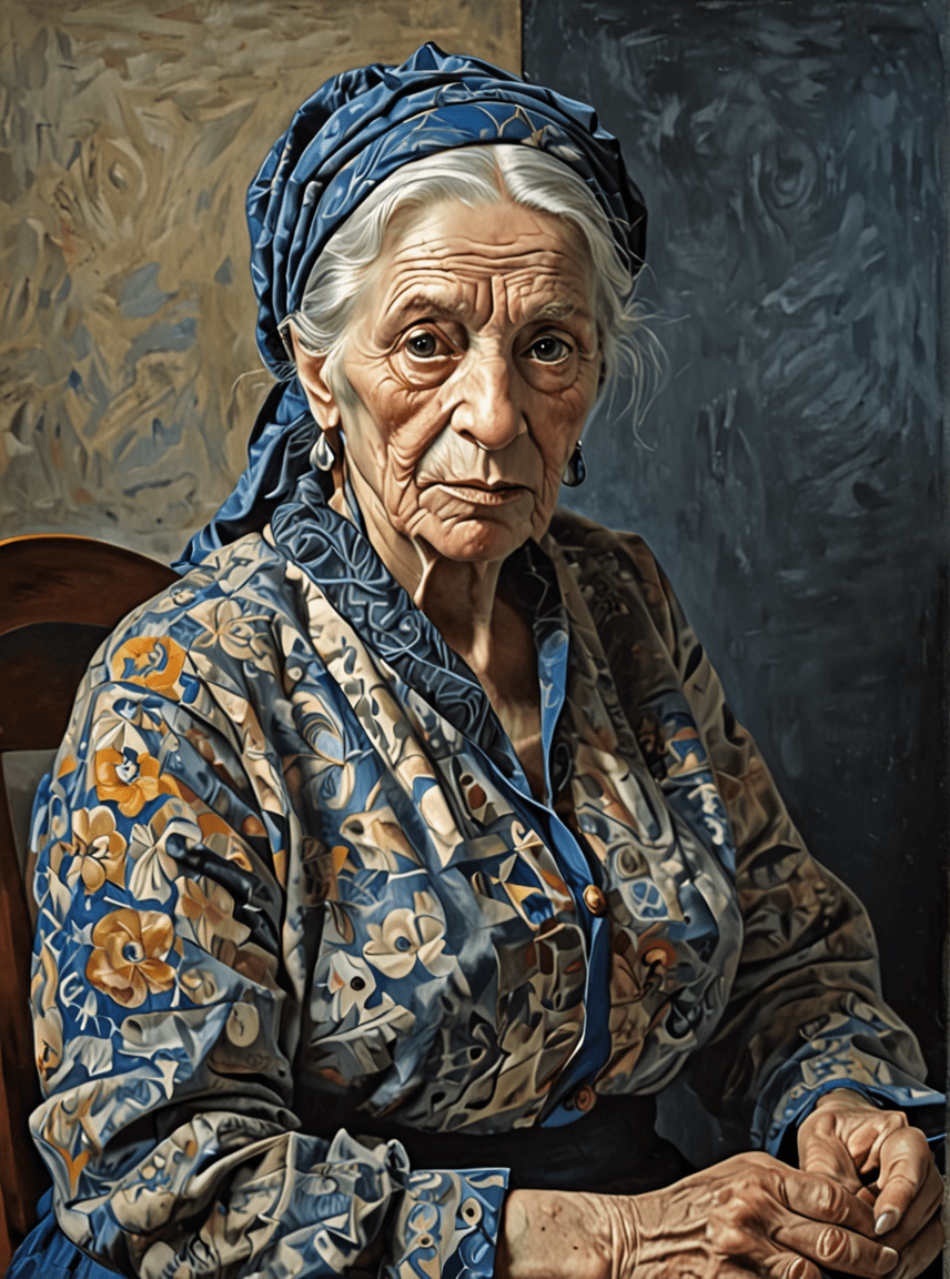 Create a stunning oil painting on canvas that combines the artistic styles of pablo picasso and claude monet, featuring an old woman portrayed in a paper cut collage technique. The artwork should embody the structural complexity of cubism with a dark blue color scheme dominating the composition. The background should be open and expansive, giving a sense of endless possibility. Infuse the painting with a romantic and flowing atmosphere, ensuring that the old woman's figure is beautifully detailed with intricate enhancements. Emphasize rich, deep, and complex lighting to create dramatic effects, blending ambient and focused light sources to highlight the woman's serene and innocent expression. Aim for a pristine and symmetrical composition that is both artistic and unique, capturing a perfect balance between picasso's abstract forms and monet's ethereal light and color usage. The painting should evoke a sense of fantastical beauty, with a high level of detail and sharp focus, resulting in a masterpiece that is both captivating and deeply evocative.