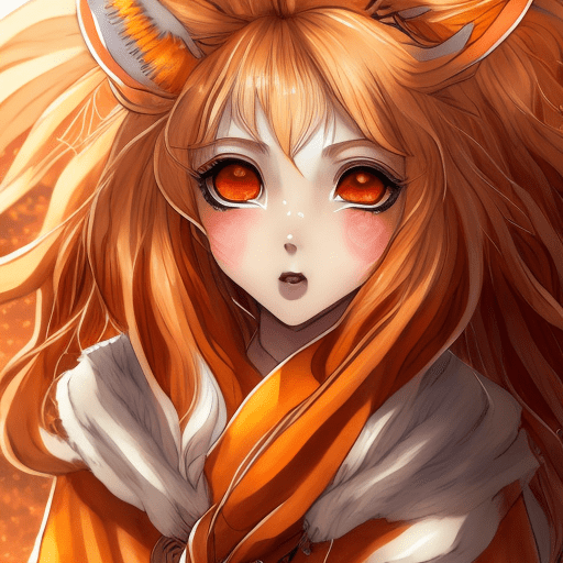Headshot of an anime playful kitsune girl wearing golden-brown and vibrant orange robes with fluffy white accents, sun-kissed skin, natural makeup, intricate details, rim lighting, watercolor style --ar 1:1 --niji 5 --style cute --style expressive
