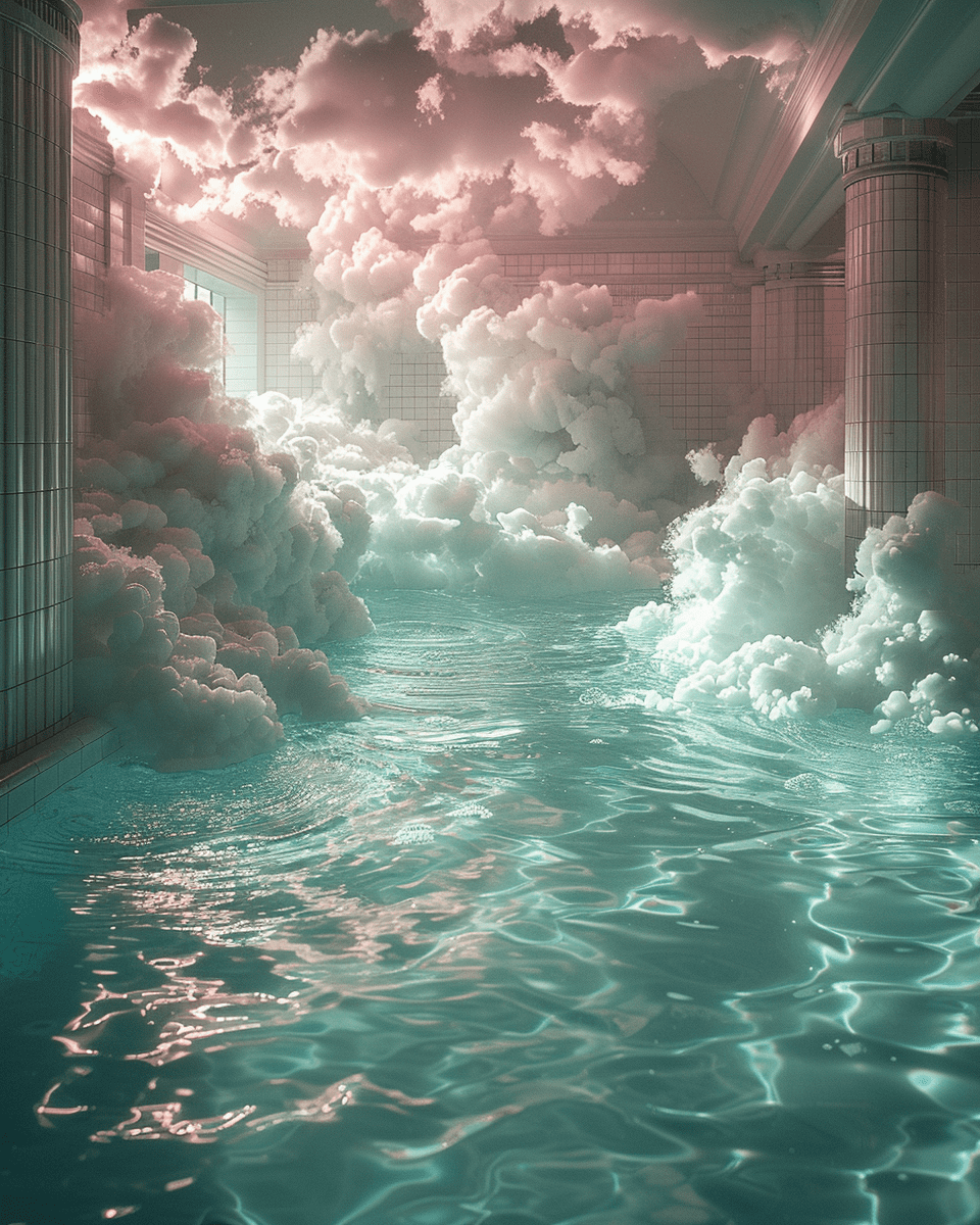 A swimming pool full of fluffy clouds --s 750 --ar 4:5 --v 6. 0