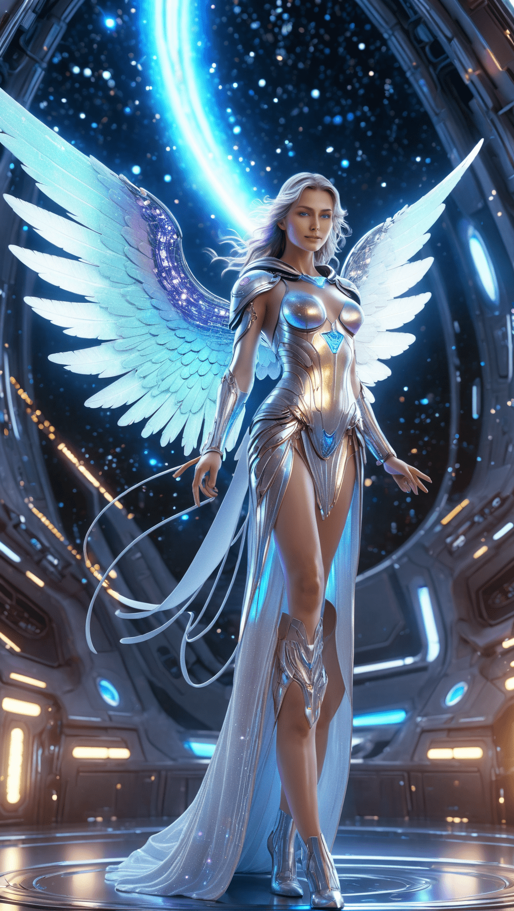 Full body, small (ultra-detailed angel in a spaceship) highly detailed incorporeal fairy made of silvery light, bokeh pollen specs multicolored magic particles in the air background by moebius, perfectly lifelike beautiful face, detailed pretty eyes, glossy lips, pastels bloom lighting detail, beautiful rendering by fromsoftware artwork, elden ring aesthetic, boos stage battle, ray tracing beams, extremely smooth blending, highly detailed, 8k sharp focus ((blue eyes in a hood wonderfully detailed ) ), with cybernetic elements on soft armor
