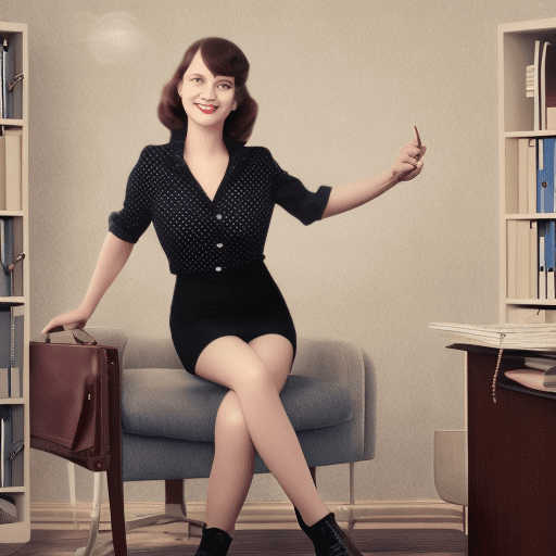 3/4 shot, realistic photography in front, beautiful women mature secretary, extremely detailed face, smiling, sitting on a chair with crossed legs. Wearing dark shirt, short skirt, dark leggins and black boots. The background is an office scene, with pictures of pin-ups on the wall. View full body. Rule of thirds, 8k