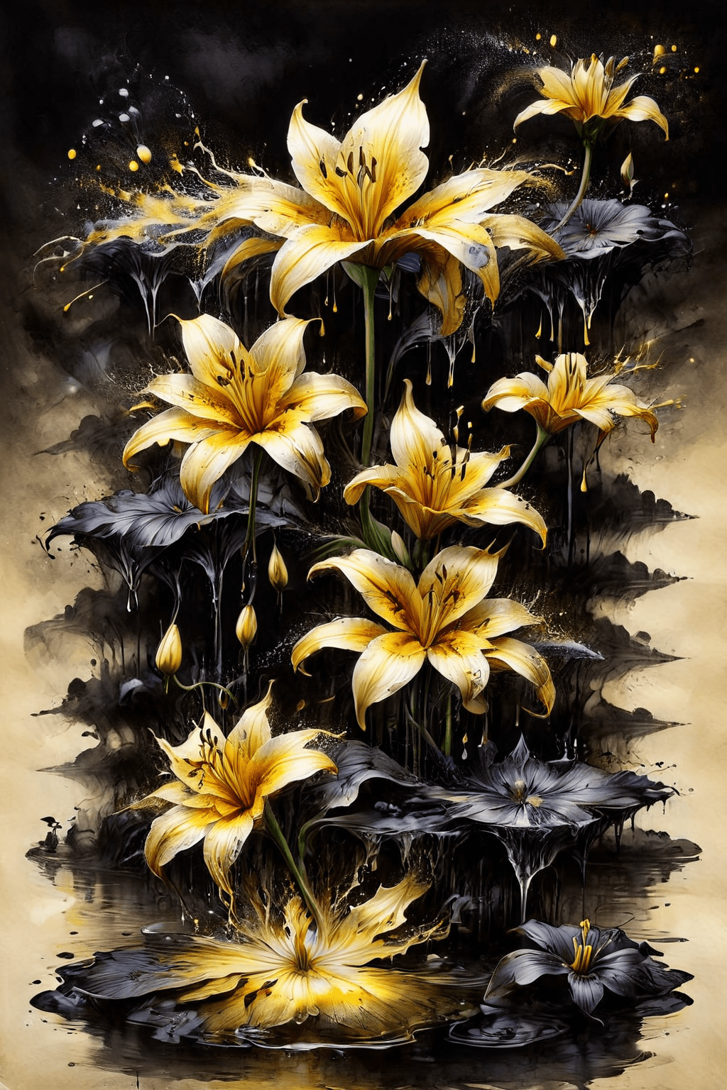 Cinematic,. 35mm, fantasy art, dream like, ethereal, professional, 64k, highly detailed, overall detail, ral-dissolve, ink art drawing, black ink, minimalist illustration, on parchment, water ink, black lily, abstract art shiny effect, bright yellow drips,