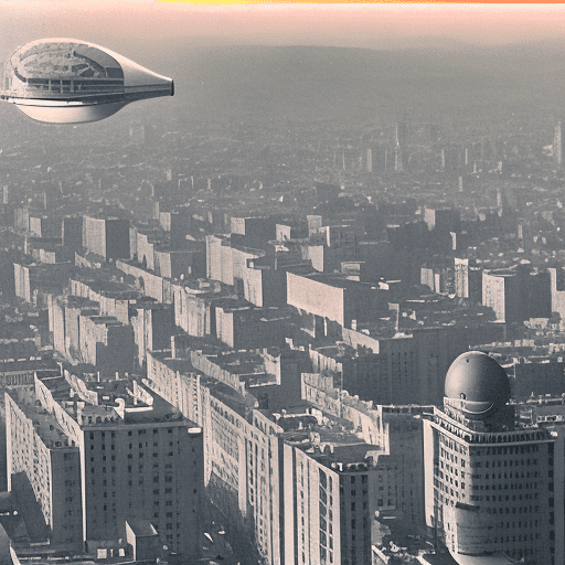 35mm photo of a huge art-deco style city, zeppelin flying in the air, aerial shot, beautiful photo, late afternoon, sunset, film grain, cinematic photo, huge city, art deco and 1920s architecture, washed out palette
