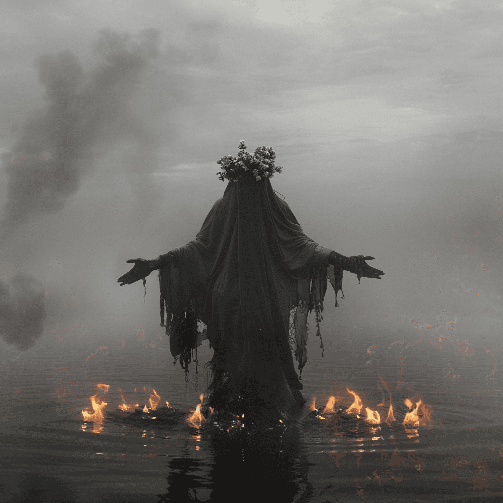 Full body photograph of an ethereal white and black ghost woman with crown made from flowers standing in the middle, arms outstretched to either side wearing long flowing dark tattered cloak with hood up over face, fire on water surface around her, dark smoke, foggy sky, fire coming off water, eerie, horror style --v 6. 0