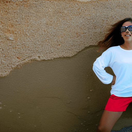 Latin female, middle rouge wavy hair epi sunglasses, standing with her back to the camera, simple yet elegance and friendly look, full body, vogue 1998, white oversized tshirt, long sleeves to elbow level, holding tshirt at the side of her hips, brown shorts, calmed mexican beach backgound, canon eos 5d mark iv ef 24-70mm f/2. 8l ii usm, sony α9 ii with sony fe 100-400mm f/4. 5-5. 6 gm oss lens setting a versatile lens that provides a sharp focus on the mode, solid and light background, set studio light, --ar 3:4 --style raw --stylize 500, magazine picture.