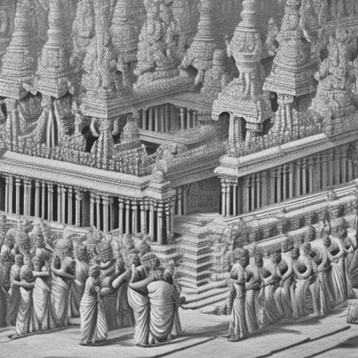 Hyper realistic image of a chola king instructing workers to build meenakshi temple. We can workers building the temple, chola king on a horse chariot and temple is partially under construction