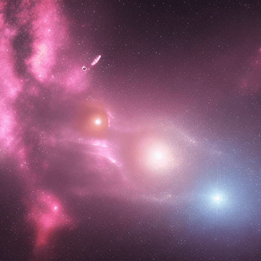 A small spacecraft sets off for a universe full of stars, galaxies, and colorful planets. The sky is wide and blue, and the sky is black and purple, pink, and colorful. Center alignment, extreme long shots, left-right symmetry