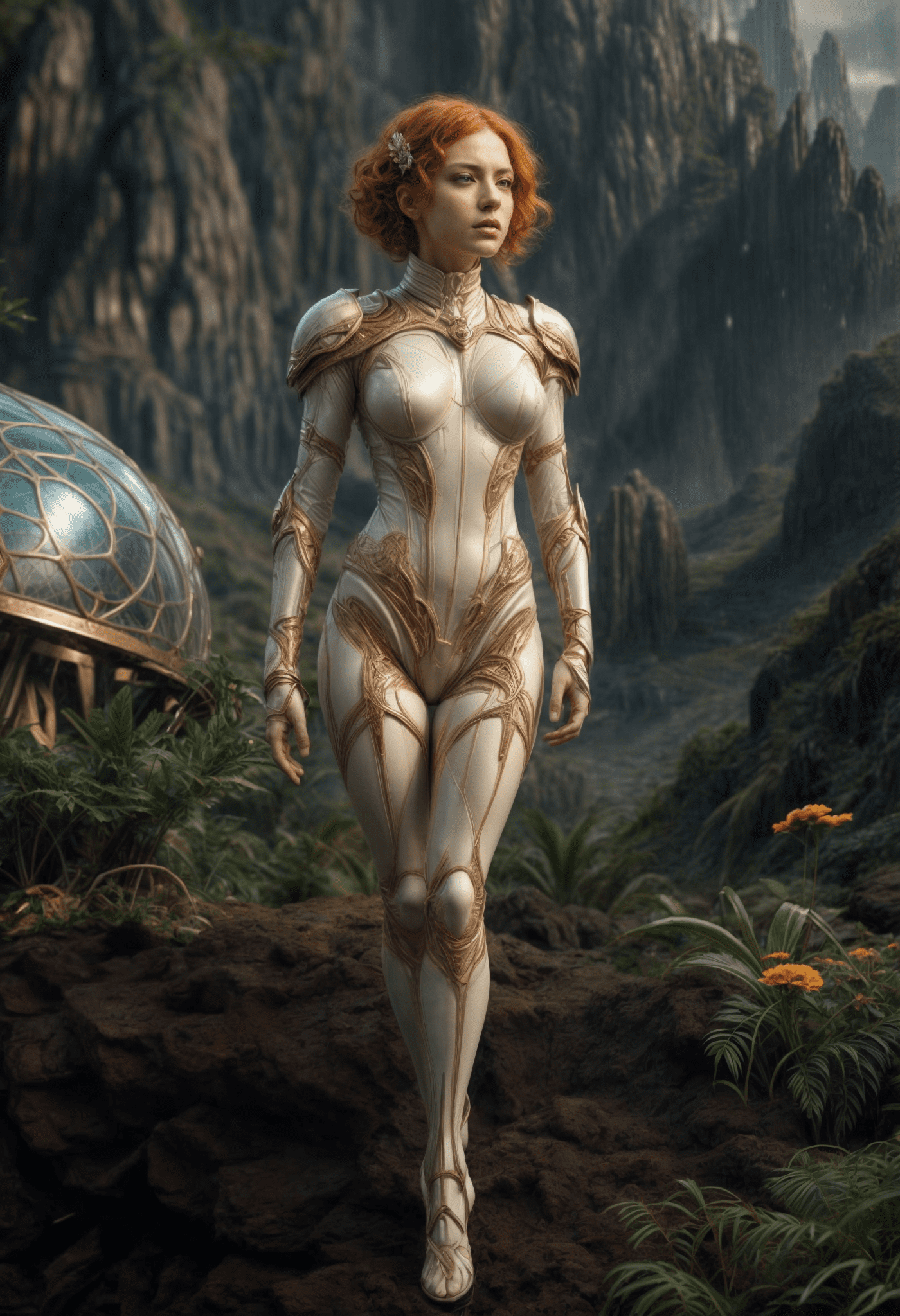 Seductive female ginger haired astronaut on a jungleplanet , different modelpositions, mountains, beautiful artdeco style , beautiful outfit, retroscifi, on a mystery alienplanet, intricate 1920th art on a alien planet, alien fauna, ginger haired, ultrarealistic, alien flora, full body, detailed alien landscape , background, nebulas, planet, very seductive grine, jean ansell, greg rutkowski