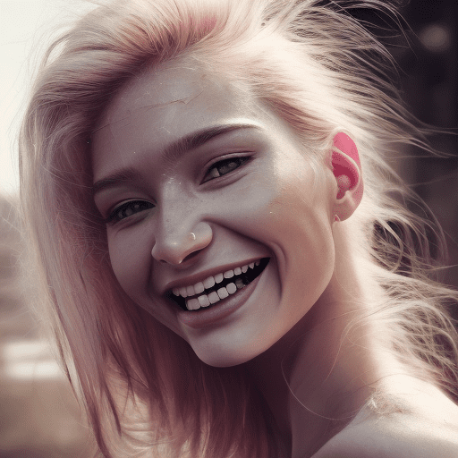 Hyper realistic, ultra detailed photograph of a woman with messy blond hair (pink highlights) wearing an off shoulder slim sweter, laughing out loud and dancing, sunlight fractal details, depth of field, detailed gorgeous face, natural body posture, captured with a 85mm lens, f4. 6, bokeh, ultra detailed, ultra accurate detailed, bokeh lighting, surrealism, urban settin, ultra unreal engine, intricate, epic, freckles