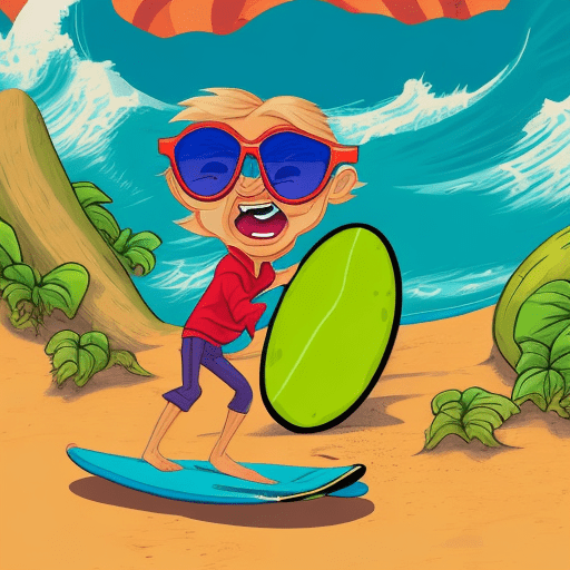 A cartoon tshirt deign in disney style of a playful beach scene with a surfing avocado riding a wave, wearing sunglasses and a hawaiian shirt