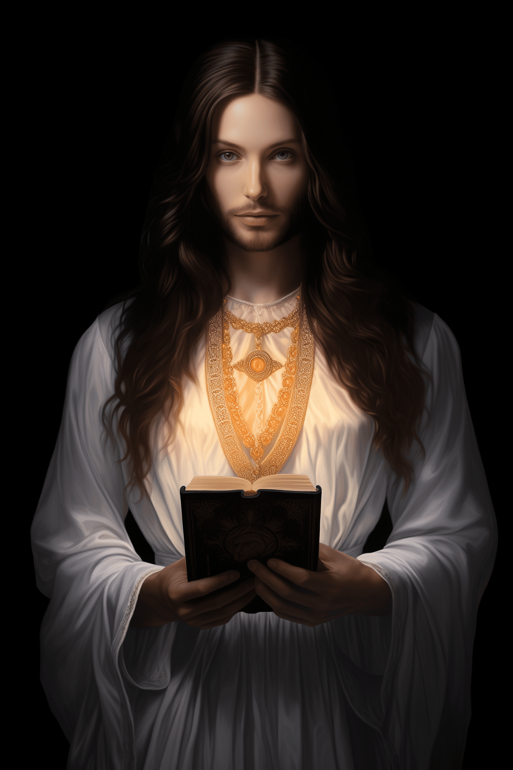 A portrait of jesus christ as an attractive woman with long brown hair and beard, wearing white dress, holding book in hand, pearl necklace around neck, black background, soft lighting, soft focus, oil painting, fantasy art style, high resolution, hyper realistic, by tom bagshaw and greg rutkowski --ar 85:128 --v 5. 2 --style raw
