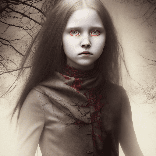 A mesmerizing 8k dark photography-style image of a demonic 12-year-old girl, standing tall with an eerie presence. She wears a flowing scarlet scarf that conceals her eyes, adding an enigmatic and supernatural allure. Her ghostly pale skin and dark, unnerving gray eyes seem to pierce the soul. The haunting atmosphere is accentuated by the surrounding shadows and dim lighting, amplifying the sinister mood. The meticulous details of the girl's intricate clothing and accessories are captured, evoking an aura of darkness and occult beauty. This captivating image is reminiscent of a cinematic poster and is a masterful blend of photo, 3d render, and conceptual art, immersing the viewer into the realm of dark fantasy. , poster, dark fantasy, conceptual art, 3d render, photo, cinematic