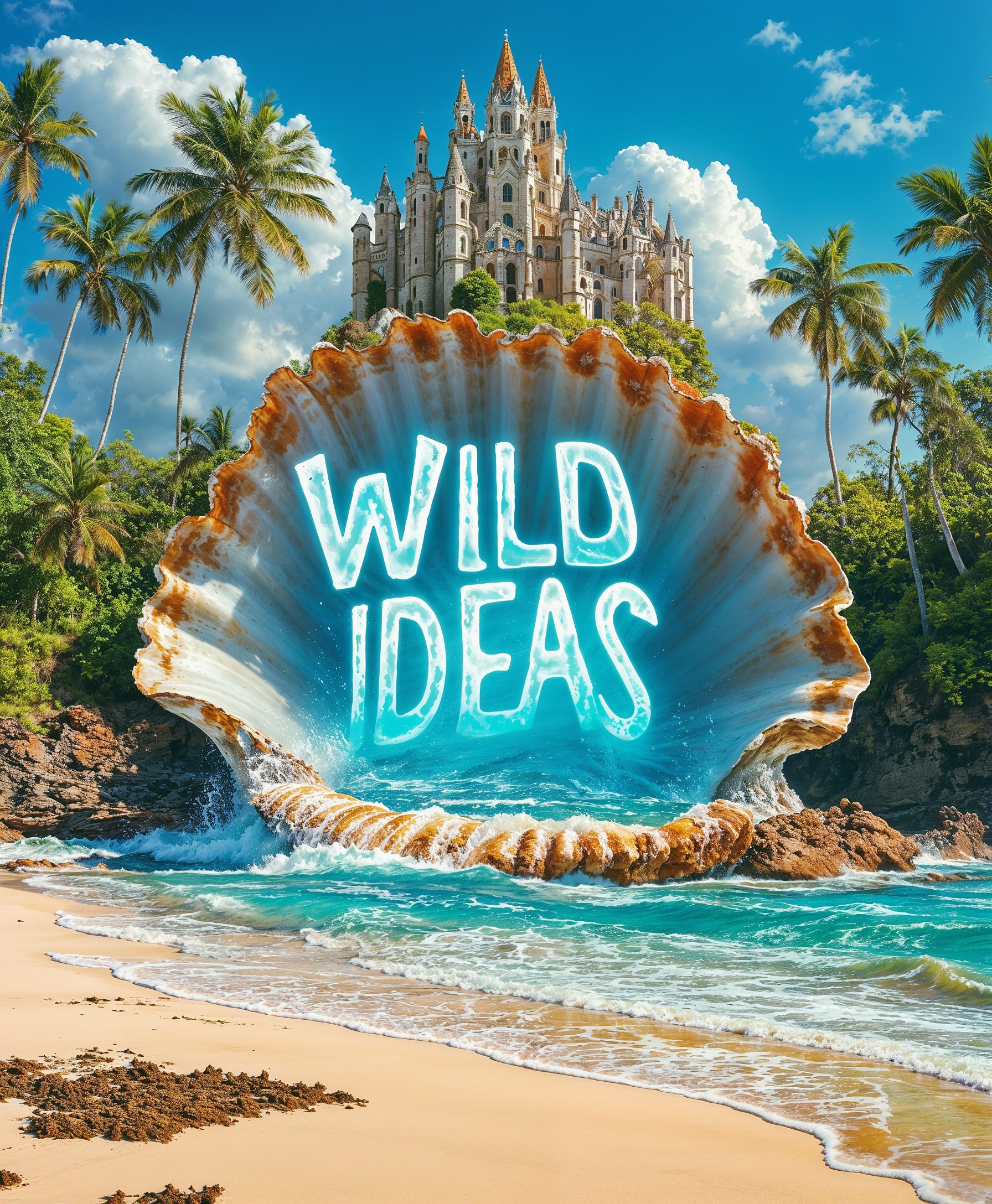 The words "wild ideas" inside a giant clam shell on a beach with a water bioluminescent glow, surrounded by palm trees and a castle in the background, blue ocean, by albert dros, by andreas rocha, beautiful, epic colors, masterful, sharp focus, cinematic, photo, painting, typography, conceptual art
