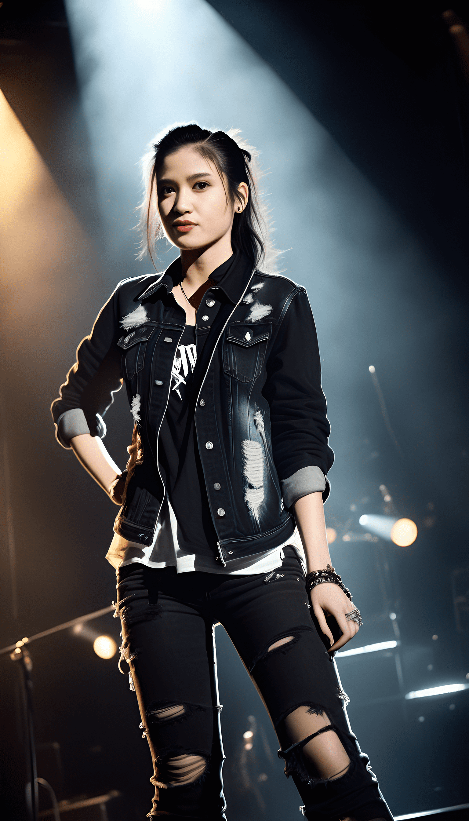 A female rock star is on stage, black hair, ponytail, dramatic stage lights, slightly smoky, night, wearing cool rock clothes, dramatic, strobist, detailed, sharp focus, hyper realistic, very big stage, you can see several musical instruments and large speakers in the back, noise, wearing a black jean jacket with a black t-shirt inside, ripped jeans