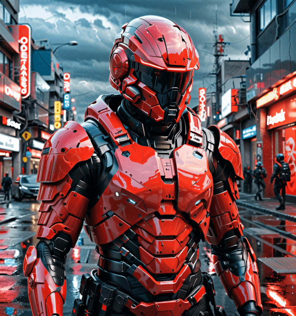 Hyperrealistic art futuristic soldier with advanced armor, weaponry, and helmet, neon red, street, overcast, reflection mapping, intricate design and details, dramatic lighting, hyperrealism, photorealistic, cinematic, 8k, unreal engine. Extremely high-resolution details, photographic, realism pushed to extreme, fine texture, incredibly lifelike