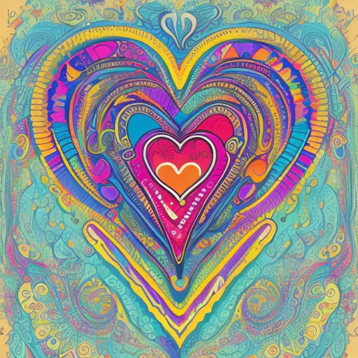 Create an image where the phrase "el amor esta en mi" appears, the font style has to be hippie and the image super colorful, bright and cheerful