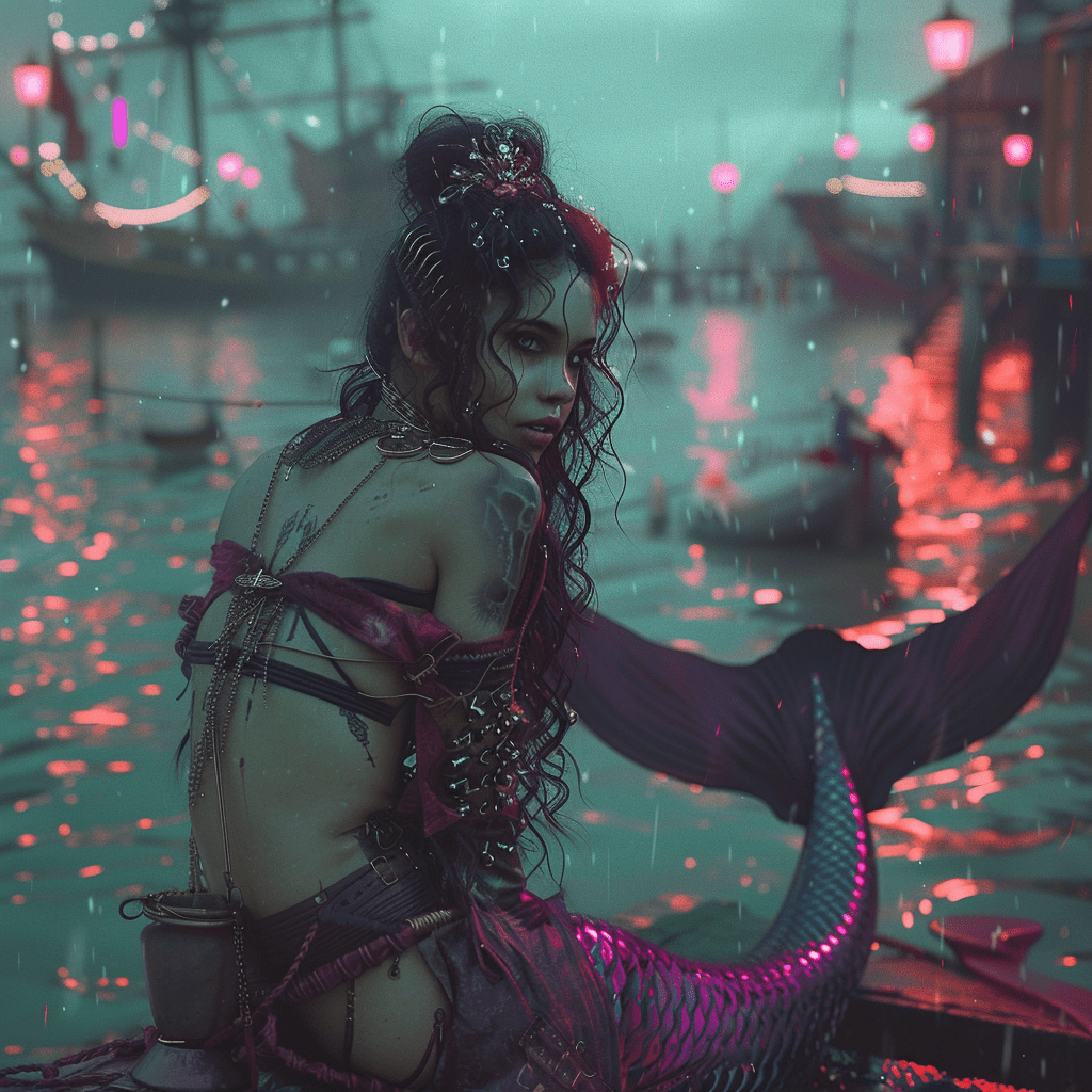 A cyperpunk mermaid with a glorious tail in a victorian harbour in a spanish coastal town watching ships, cyberpunk accessories, slender, toned abs, scales, gills, scaly body, (((korean: 0. 4, celtic, :0. 3, romanian:0. 3) )), asian, long messy wild hair, windswept hair, long wavy hair, perfect face, wild dark hair, seductive eyes, smokey makeup, seductive grin, hakama clothing, cyberpunk, vaporwave, neon, vibes, vibrant, stunningly beautiful, crisp, detailed, sleek, ultramodern, magenta highlights, dark purple shadows, high bontrast, cinematic, ultra detailed, intricate, professional, photography, neo noir, bokeh, beautiful dramatic lighting, shallow depth of field, photorealism, volumetric lighting, ultra hd, 35mm, raytracing, dslr camera, studio quality, octane render, ominous clouds, rain, rainy weather, (((masterpiece:1) )), (hyperrealism:1 5) , high detail raw color photo, gorgeous, cinematic film still,