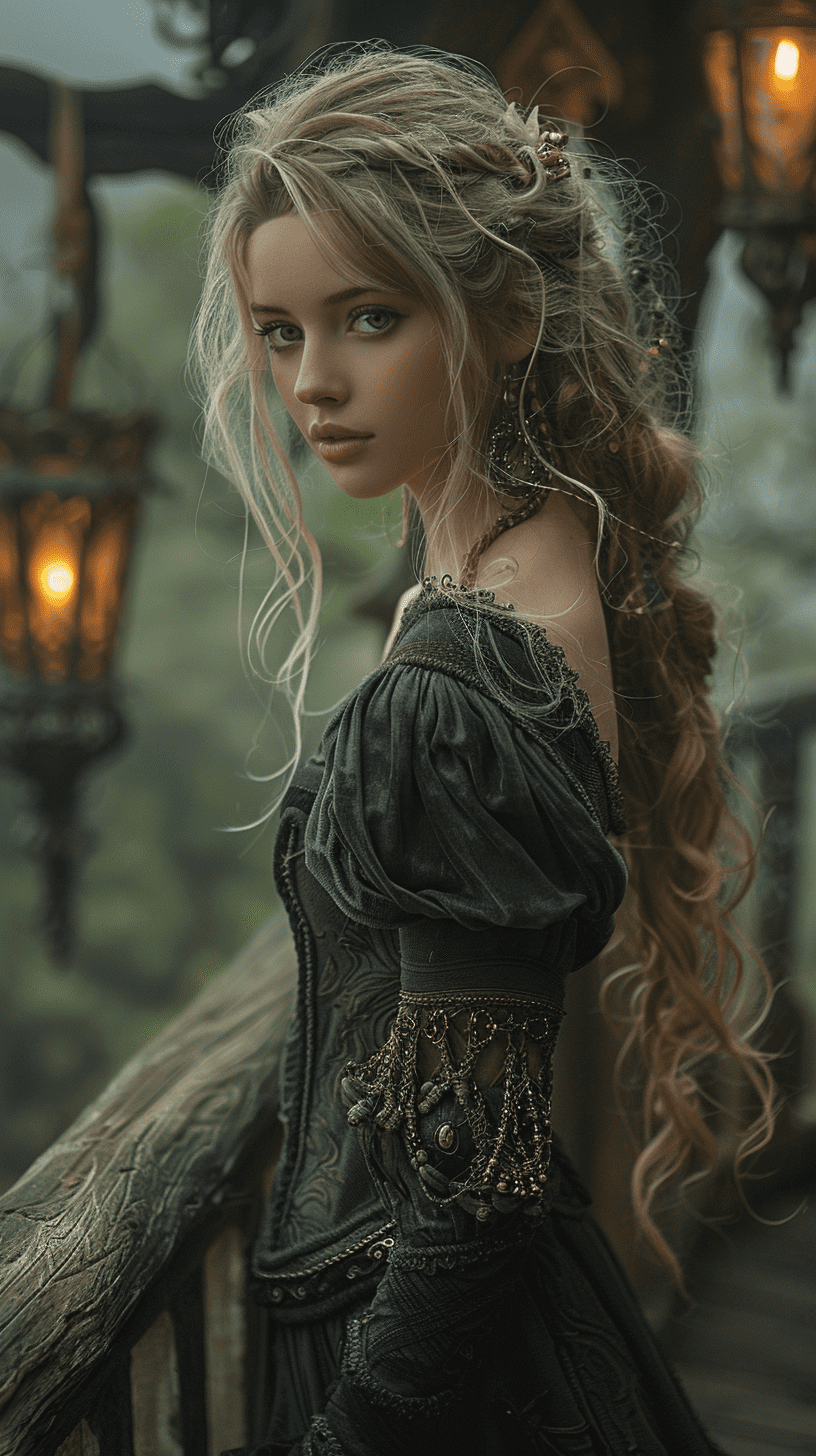 A stunning you elven sorceress, on a balcony in a mythical elven tree village, staring out into the wilderness, avante garde, bohemian, ultrarealistic, photograph, dramatic, epic, lighting, eclectic, real bad attitude, in the style of victoria frances, olivia de berardinis, --ar 9:16 --stylize 750 --v 6. 0