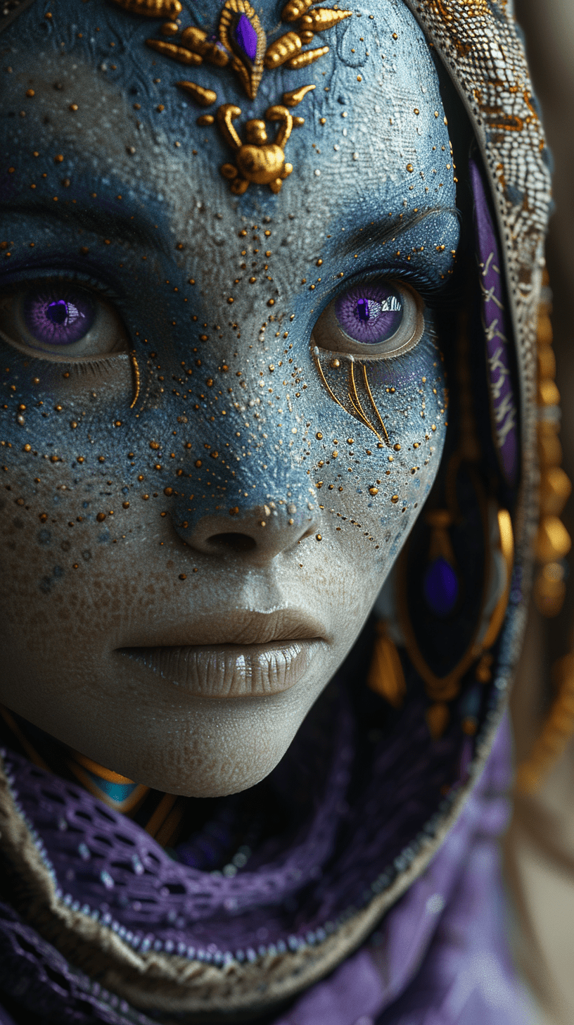 Alien woman, indigenous features, purple eyes, photography, a cinematic scene, hiper-realista, imagem 3d, realismo surreal, perspectiva realista, the image should mimic the depth of field and clarity with sharp focus on the character and a blurred background. Hdr.