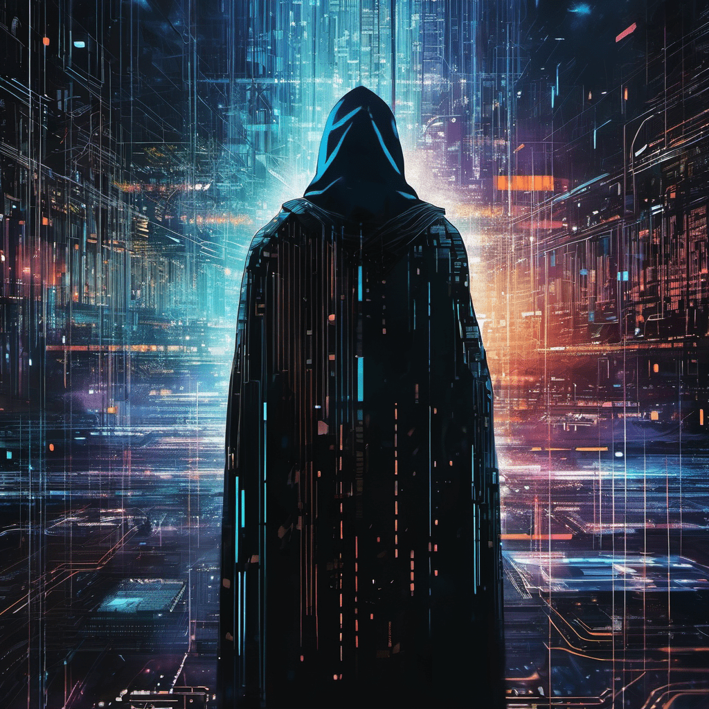 Portrait of a futuristic hacker, centered, no face, cape, in a matrix-style digital world, surrounded by flowing binary digits, 4k, glitch, moody, badass, digital art style, painting style, dramatic, dark, emotionally profound, very intricate, by milo manara and russ mills