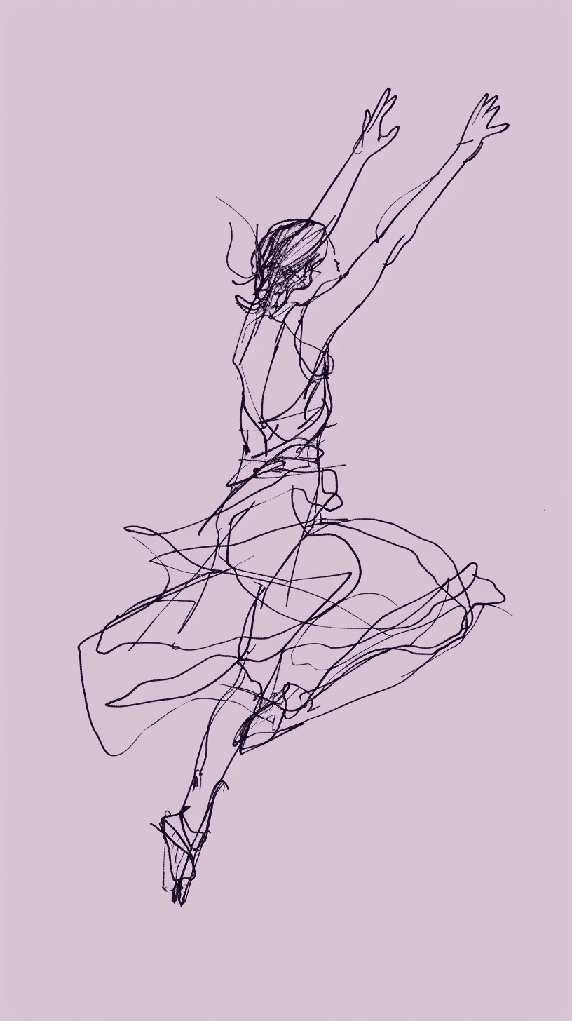 Minimalist line art drawing of a dancer leaping joyfully, sketched in continuous black lines against a plain, soft lavender background, the figure wearing a loose, flowing outfit that accentuates the motion, capturing a sense of freedom and elegance --ar 9:16